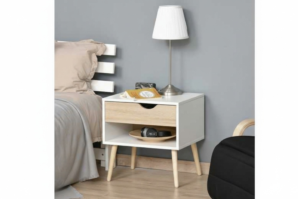 Modern Bedside Table with Drawer & Shelf - Particle Board, Bedroom Storage, Scandi Style | Wowcher