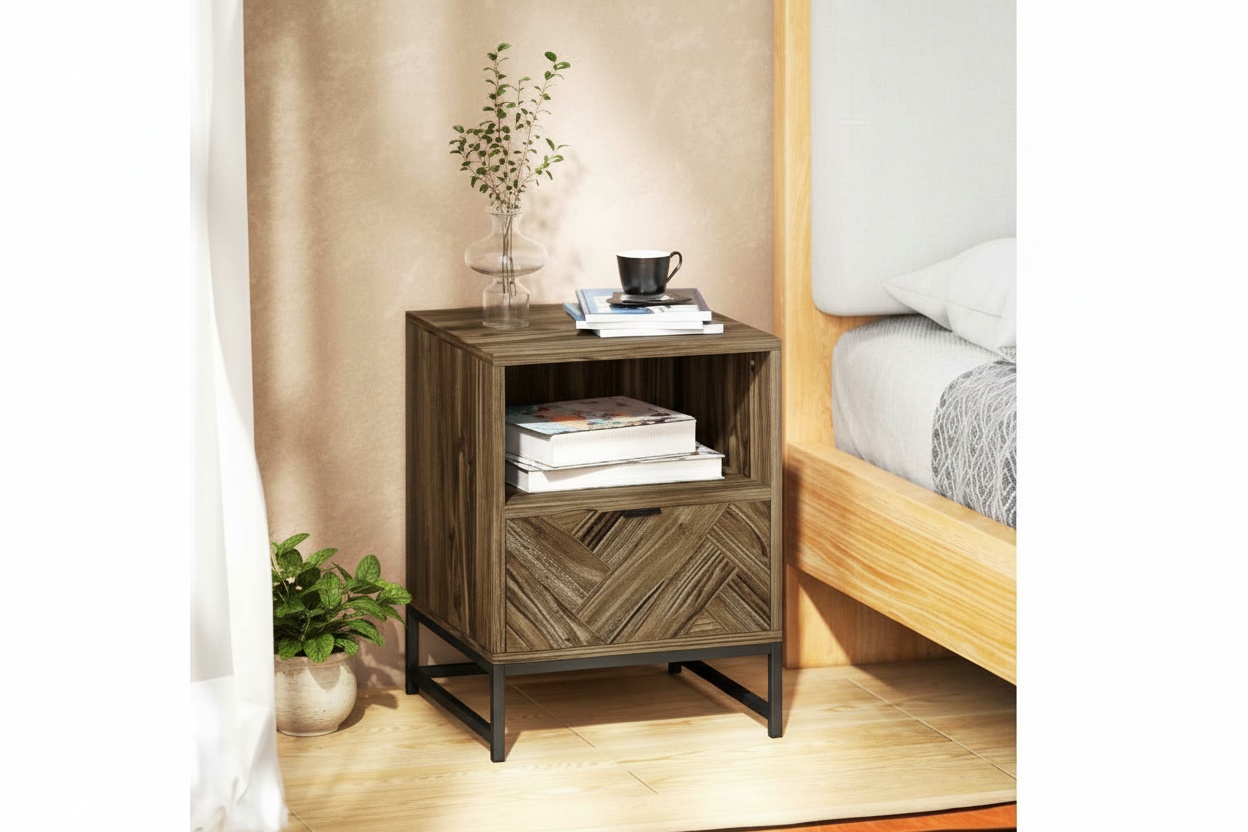 Grey Bedside Table with Drawer & Shelf - Industrial Steel Legs - Compact Bedroom Storage | Wowcher