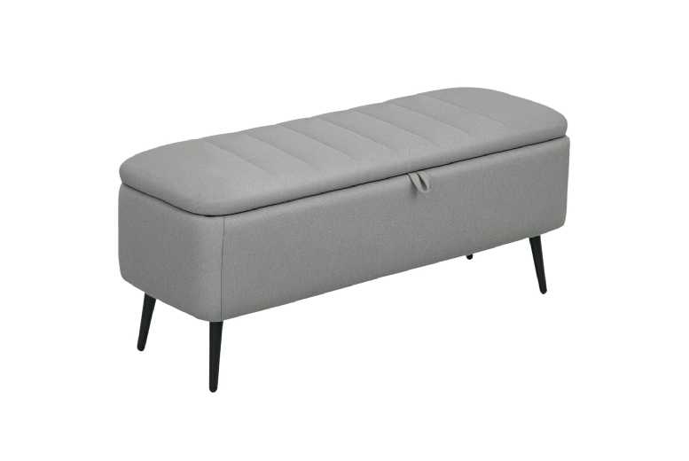 Linen-Look Storage Ottoman Bench, Light Grey, 92cm - Padded Seat & Steel Legs | Wowcher