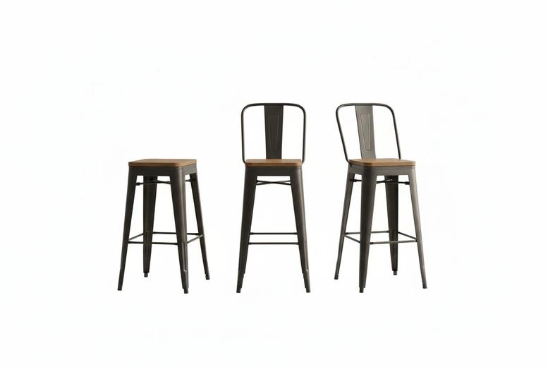 Chic 4-Piece Industrial Vintage Bar Stools with Elm Wood Seats, Black | Wowcher