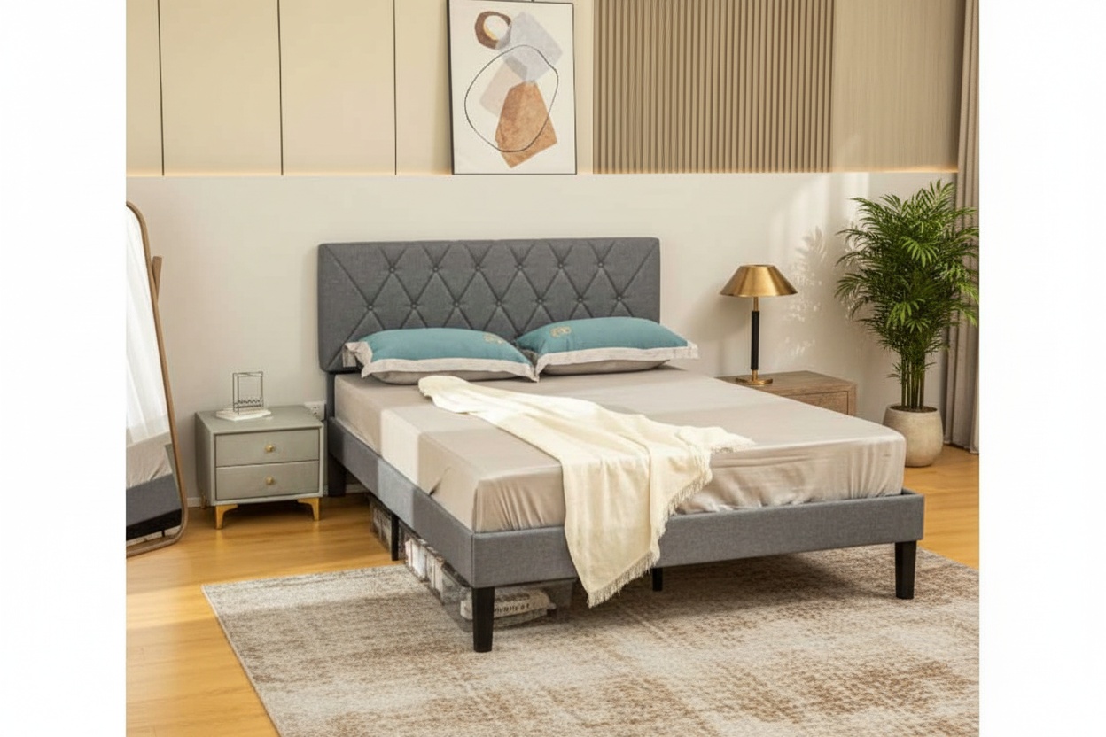 Grey Linen Double Bed Frame with Adjustable Headboard & Under-Bed Storage | Wowcher