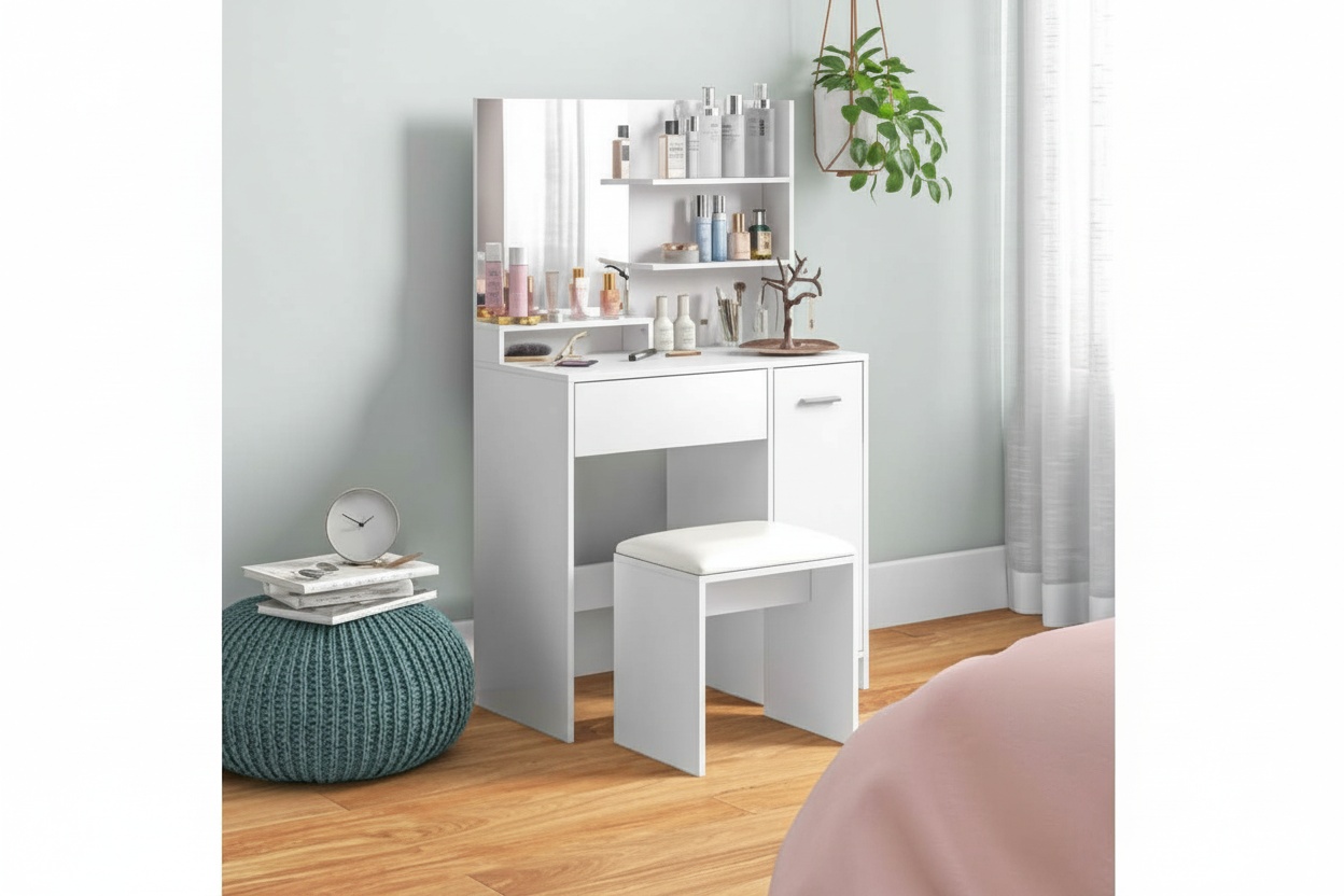 White Dressing Table Set with Mirror, Stool & Storage - Contemporary Bedroom Vanity | Wowcher
