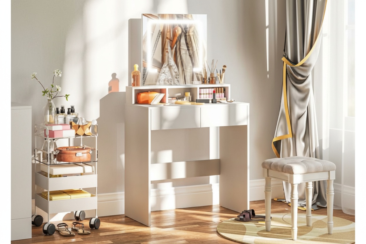 White Dressing Table with LED Mirror, 2 Drawers - Contemporary Bedroom Vanity Desk | Wowcher