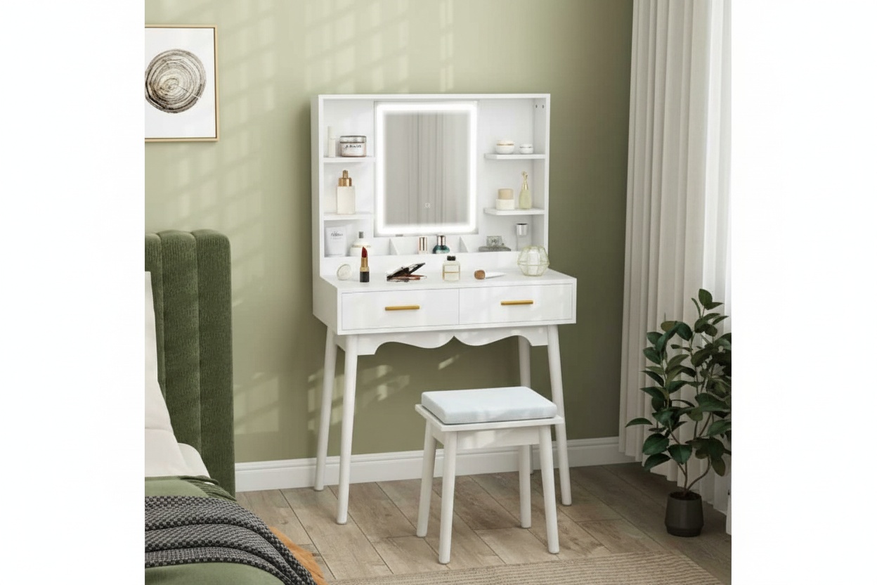White MDF Dressing Table with LED Mirror, Storage Drawers & Padded Stool - Contemporary Bedroom Vanity Set | Wowcher