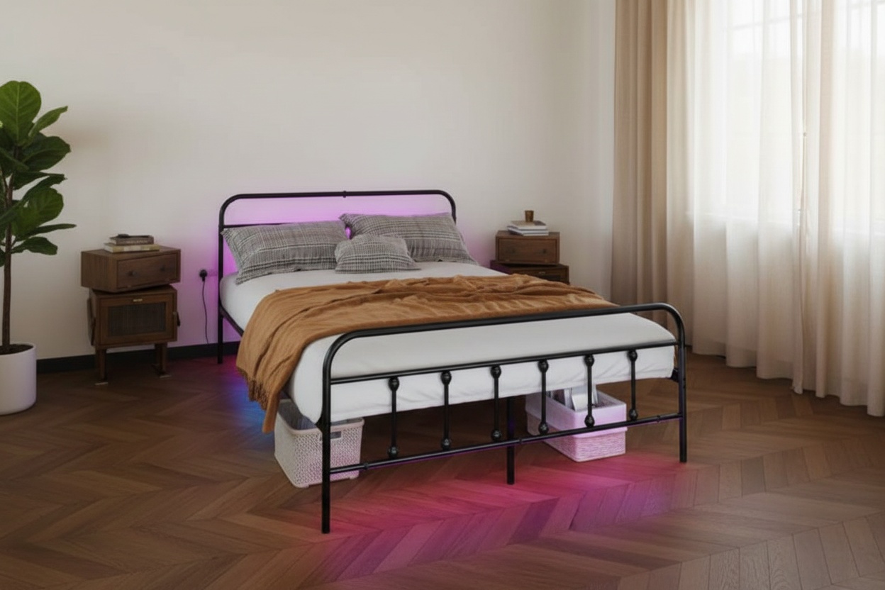 LED Double Bed Frame with Charging Ports - Black Metal, RGB Lighting, Storage, Modern Style | Wowcher