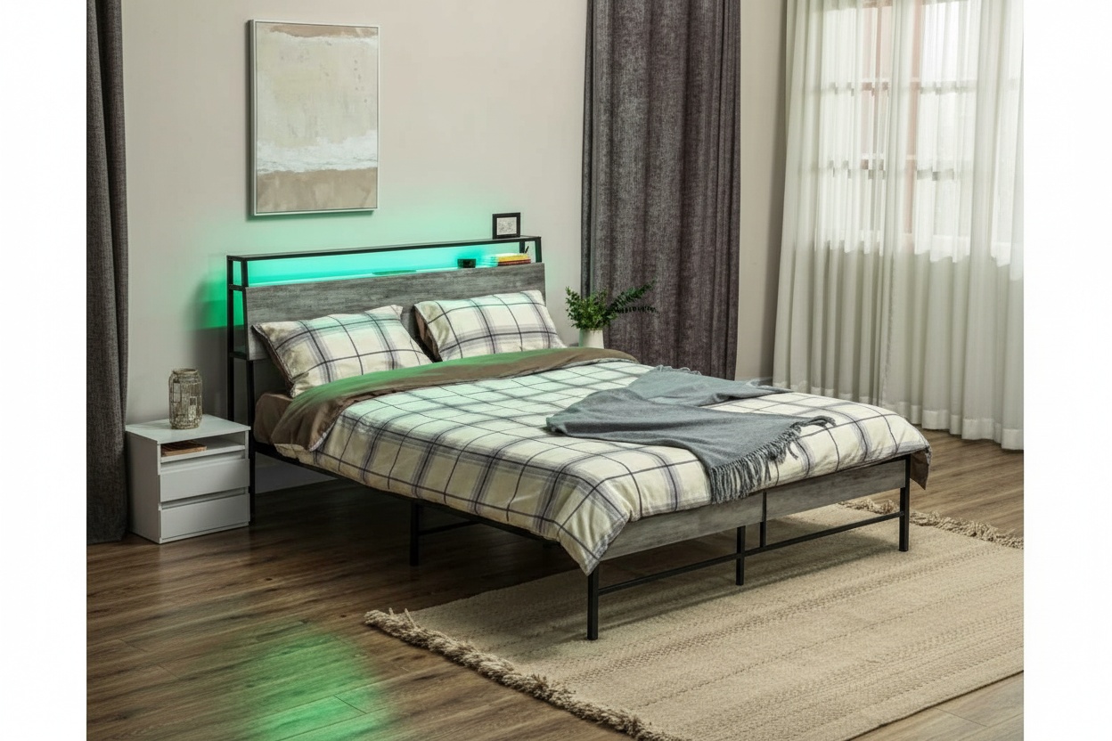 Double Steel Bed Frame with LED Lighting, Headboard Shelf & Charging Ports - Grey, Modern Bedroom Furniture | Wowcher