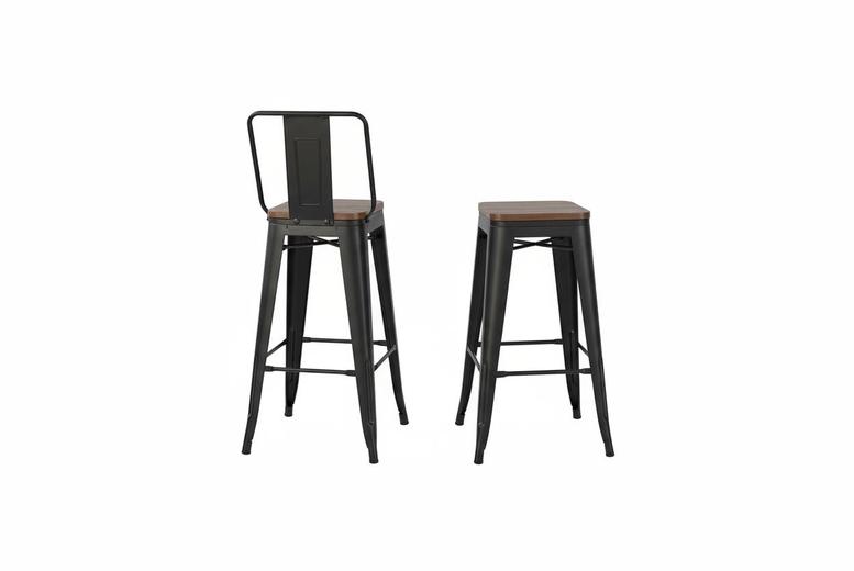 Set of 2 Industrial Metal Bar Stools with Ergonomic Backrest & Footrest | Wowcher