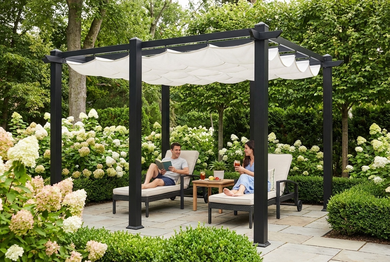 Spacious 10x10ft Pergola with Retractable Roof and Waterproof Canopy | Wowcher