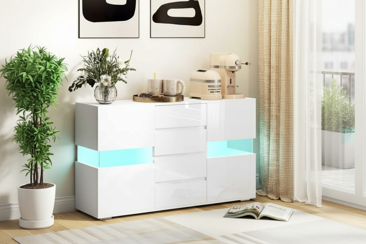 High Gloss White LED Light Sideboard - MDF Storage Cabinet with Soft-Close Doors & Drawers | Wowcher