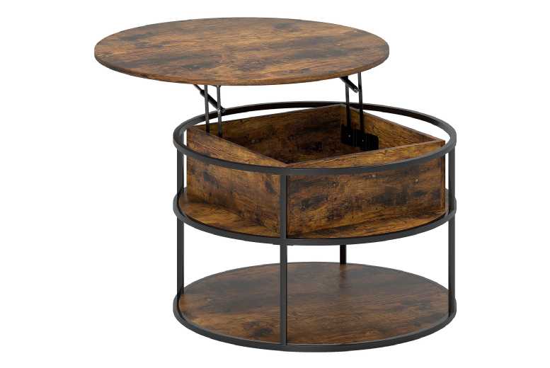 Round Lift Top Storage Coffee Table - Brown Particle Board & Steel, Space-Saving, Modern Living Room Furniture | Wowcher