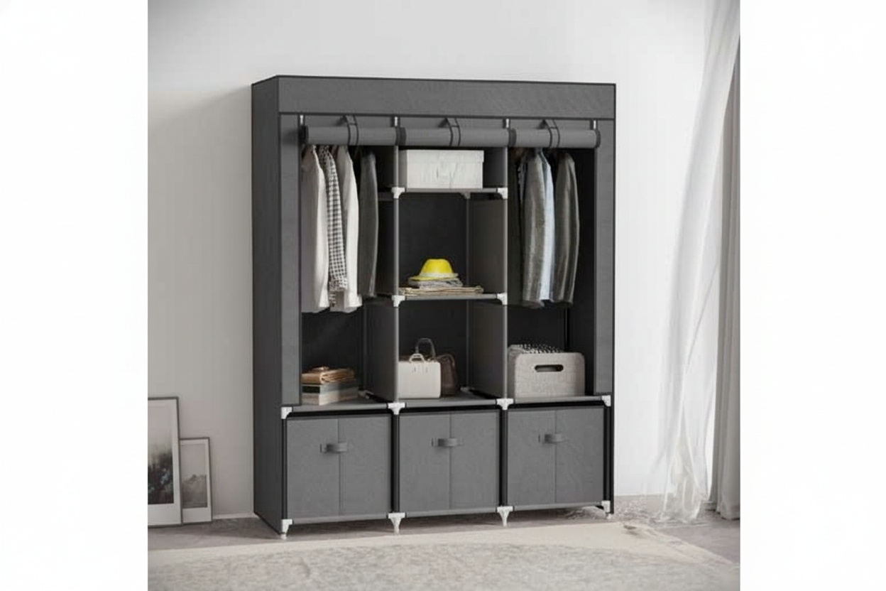 Dark Grey Fabric Wardrobe with Shelves, Hanging Rails & Drawers - Portable Bedroom Storage | Wowcher