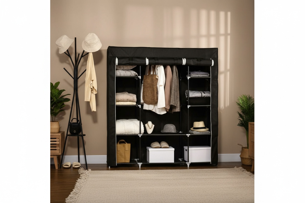 Portable Fabric Wardrobe with Steel Frame, 10 Shelves & Hanging Rail - Space-Saving Bedroom Storage | Wowcher