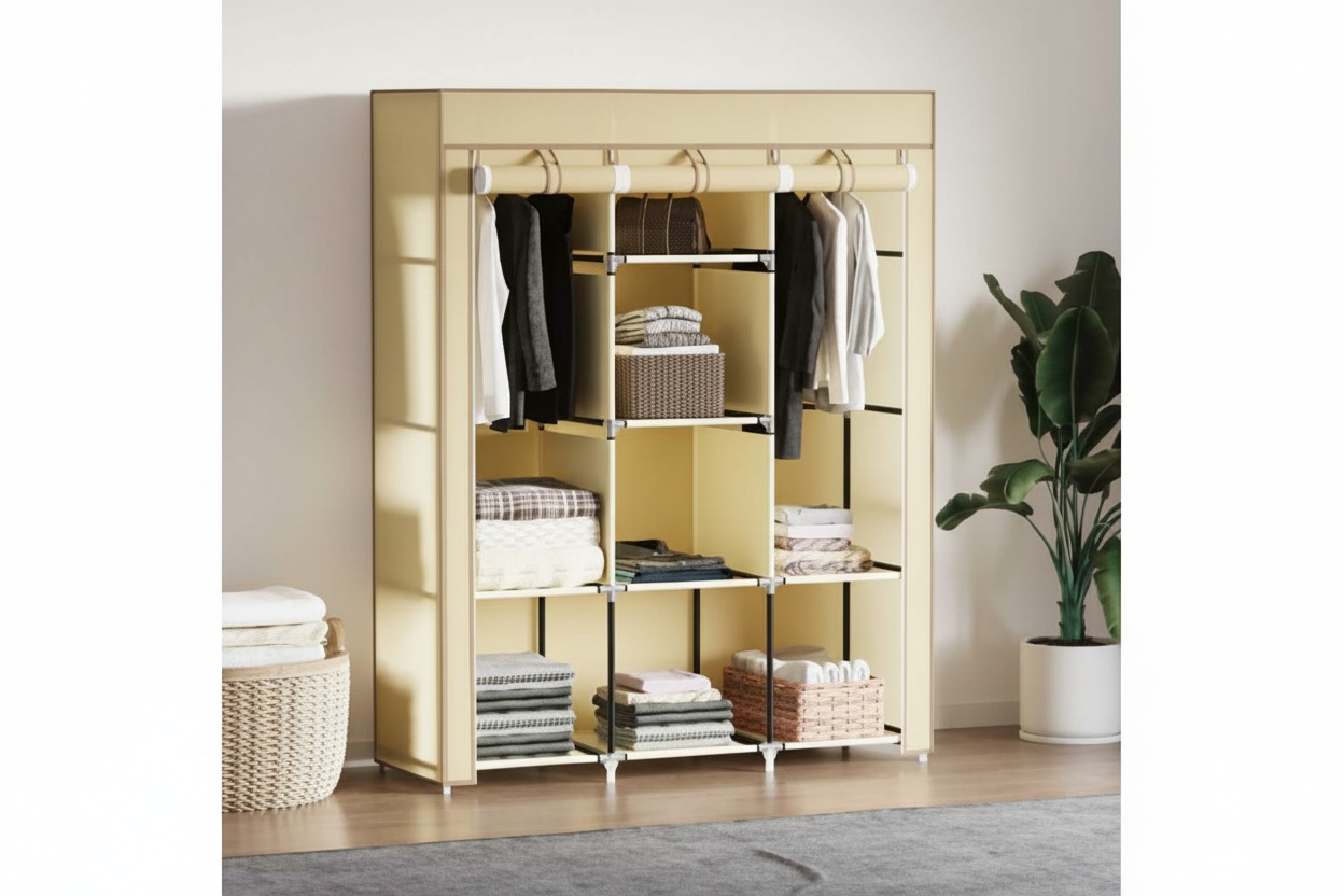 Fabric Wardrobe with 8 Shelves & 2 Rails - Space-Saving Bedroom Storage | Wowcher