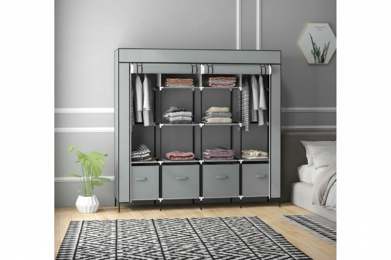 HOMCOM Fabric Wardrobe - 10-Section, 2 Rail, 4 Drawer Portable Storage, Steel Frame, Contemporary Bedroom Organiser | Wowcher