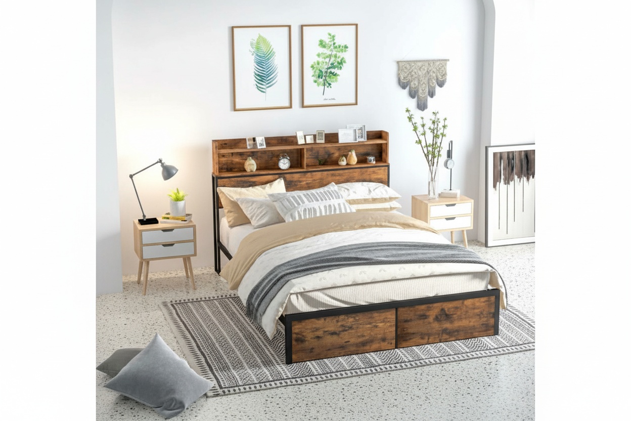 King Size Metal Bed Frame with Storage Headboard - Industrial Rustic Brown, Steel Construction, 5.2FT | Wowcher