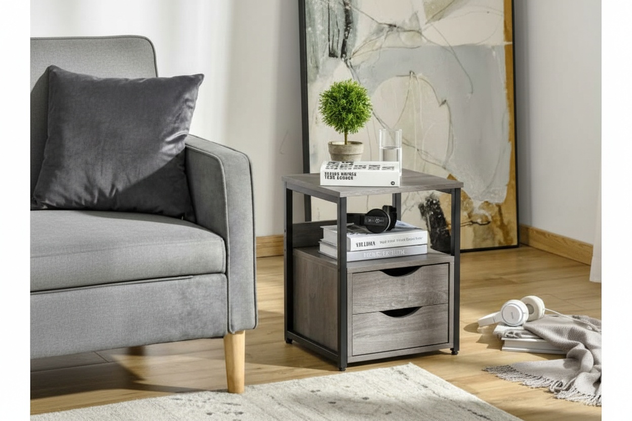 Industrial Slim Grey Side Table with Storage Drawers - Bedroom Furniture, Metal Frame, Compact Design | Wowcher