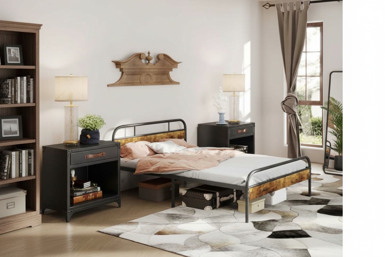 Industrial Double Bed Frame - Metal & Wood-Effect, Under-Bed Storage, Sturdy 200kg Capacity | Wowcher