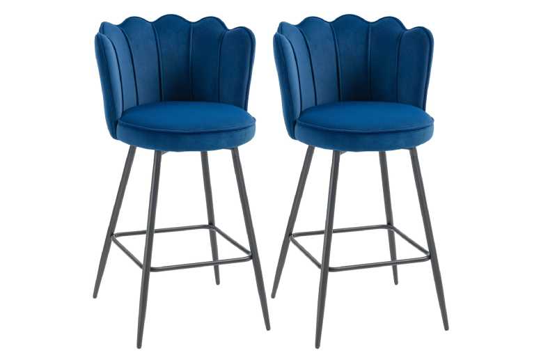 Set of Two Velvet Bar Stools - Lotus-Back, Steel Legs, High-Back Comfort | Wowcher