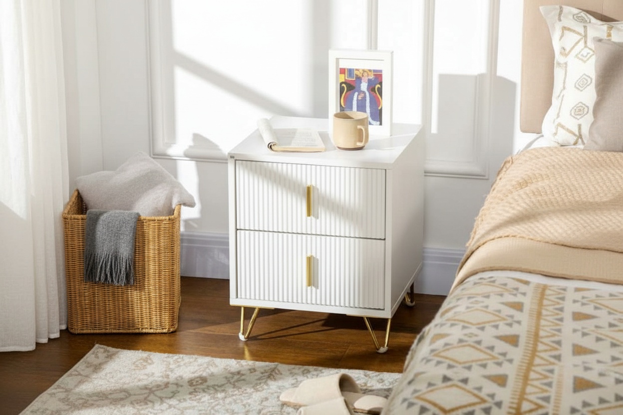 White Ribbed Bedside Table with Drawers & Gold Hairpin Legs - Contemporary Bedroom Storage | Wowcher
