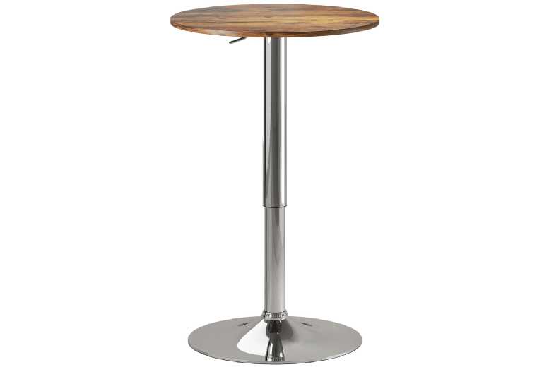 Rustic Brown Adjustable Round Swivel Bar Table - Chrome Base, Easy-Clean, Industrial Style | Wowcher