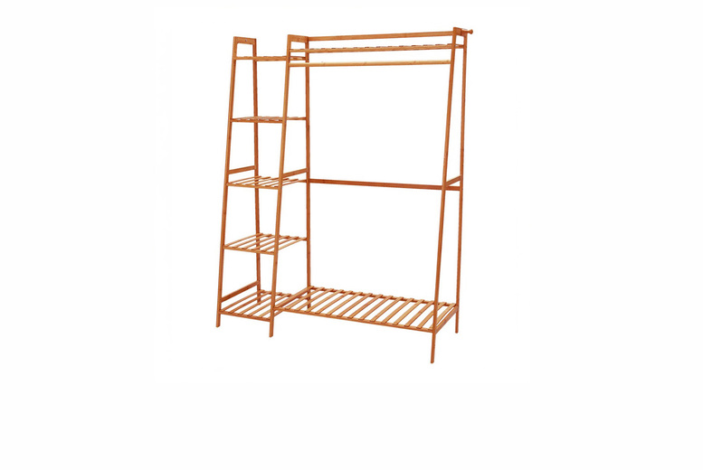 5-Tier Bamboo Garment Rack with Hooks and Shelves | Wowcher