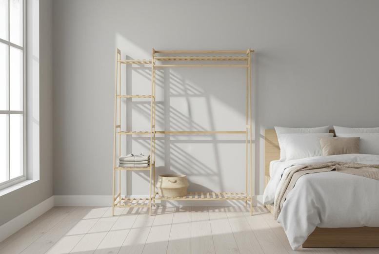 Bamboo Clothes Rail with Shelf Storage - Eco-Friendly Use, Hanging Rod & Side Hooks Included | Wowcher