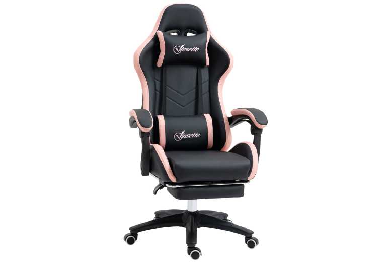 PU Leather Ergonomic Gaming Chair with Recline, Footrest & Lumbar Support - Black/Pink | Wowcher