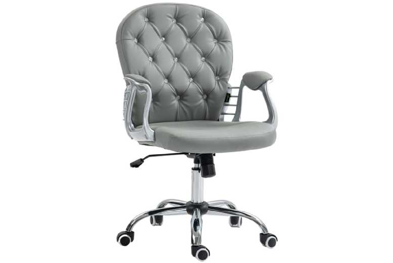 Grey PU Diamante Ergonomic Office Chair - Swivel, Adjustable, Padded, Glam Home Desk Seating | Wowcher