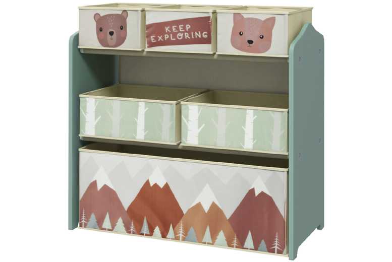 Kids Toy Storage Unit - 6 Fabric Bins - Modular Wooden Organiser for Bedrooms & Playrooms | Wowcher