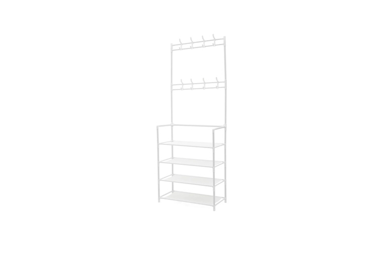 Entryway 4 Tier Shoe Rack with Eight Hooks for Coats and Bags - Black or White | Wowcher