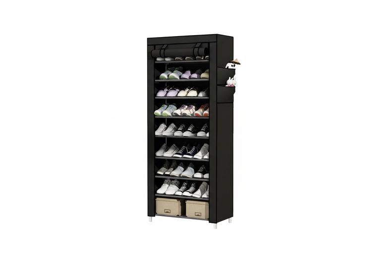 Modern 10-Tier Shoe Cabinet with Roll-Up Door - Side Storage Pockets & Spacious Design | Wowcher