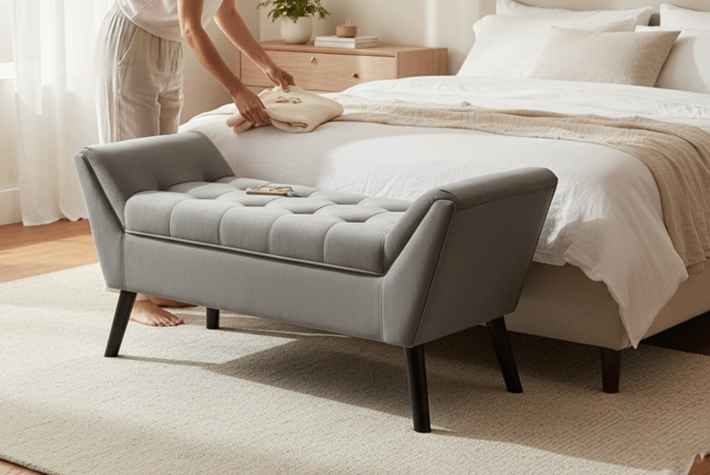 Grey Velvet Upholstered Tufted Bench with Raised Arms - Button Details & Classic Design | Wowcher