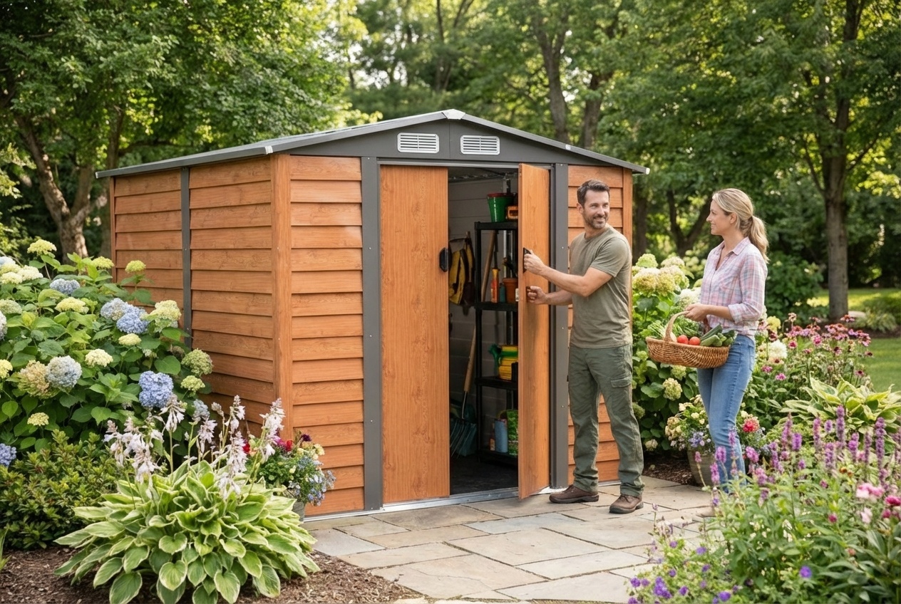 Galvanized Steel Weather-Resistant Garden Storage Shed - 4.9 x 6.3ft, Rustic Brown, Large Outdoor Tool House | Wowcher