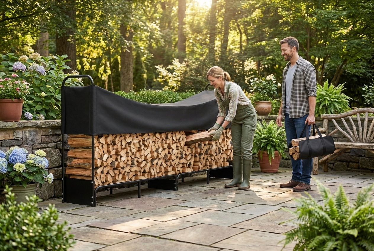 8.5ft Steel Log Rack with Waterproof Cover - Heavy-Duty, Weatherproof, 300kg Capacity, Black | Wowcher