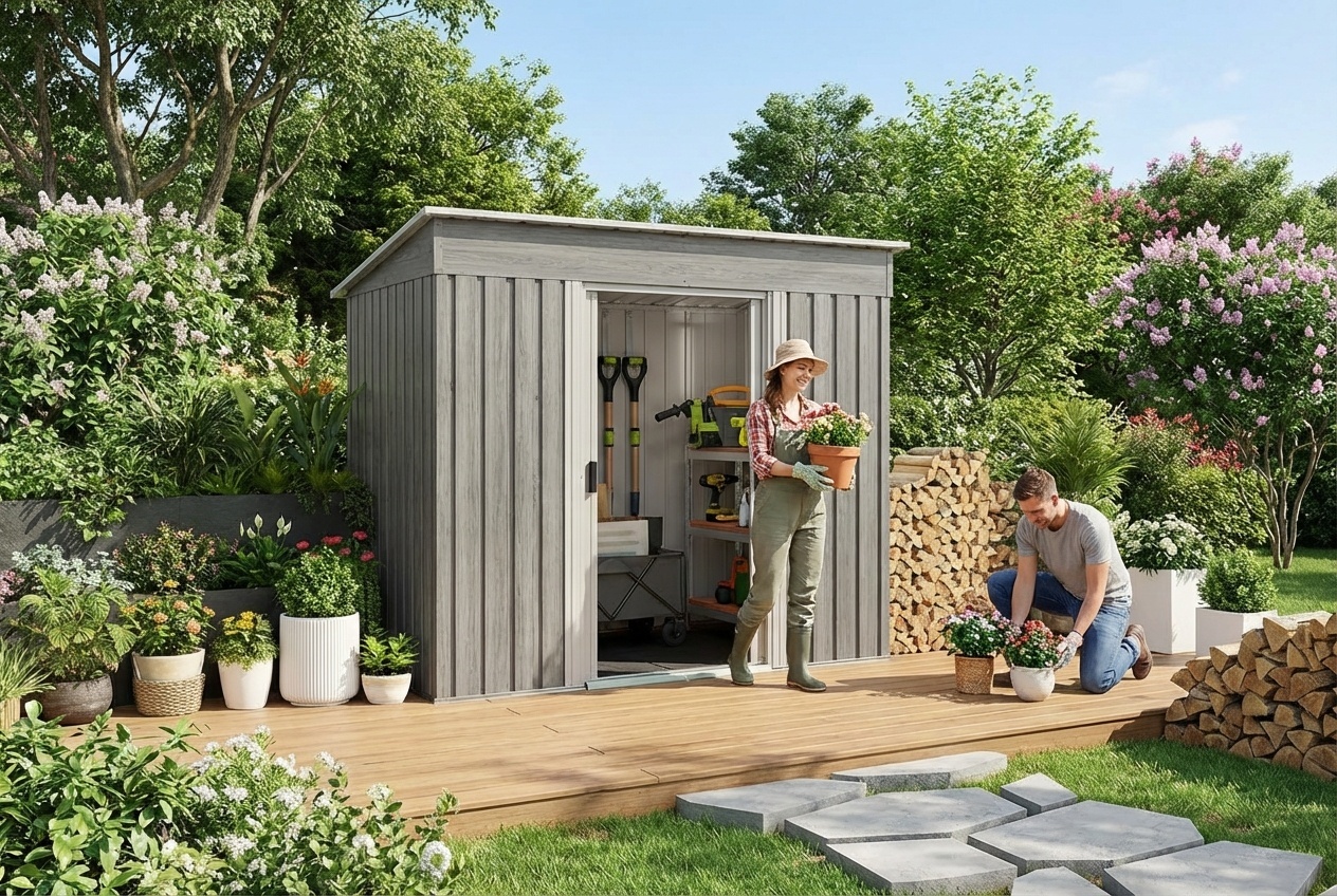 6.5x4ft Galvanised Steel Garden Storage Shed with Sliding Doors & Base - Weather-Resistant Outdoor Unit | Wowcher