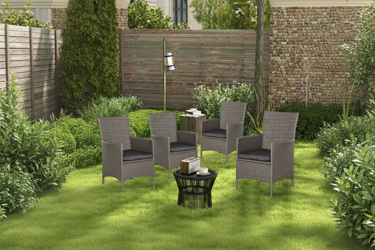 4pc Grey Rattan Dining Chair Set with Cushions - Weather-Resistant Outdoor Patio Seating | Wowcher