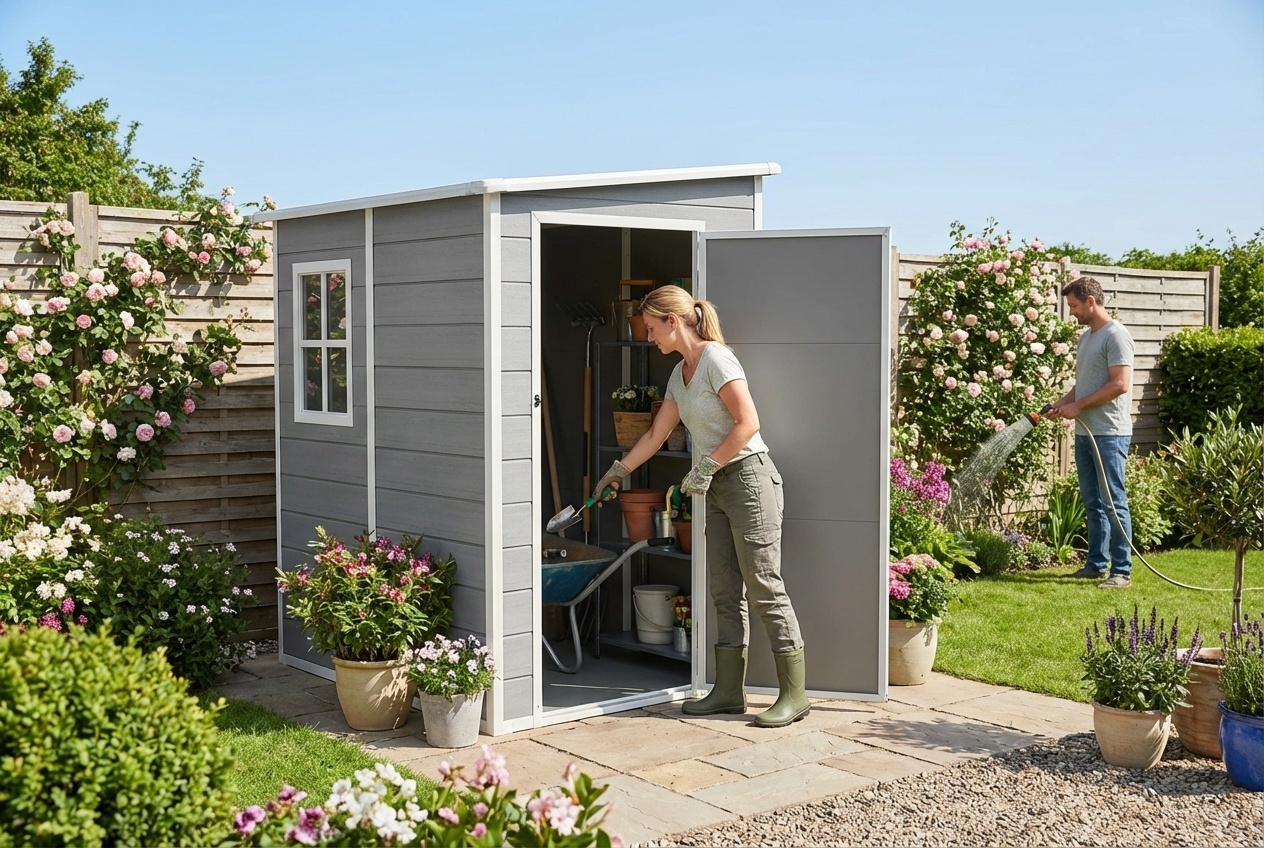 Aluminium Lean-To Lockable Garden Shed with Window, 4x5ft, Weather-Resistant Storage - Grey | Wowcher