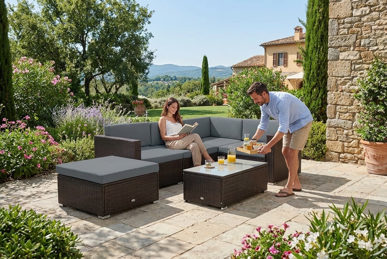 7pc Grey Rattan Furniture Cushion Pad Set - Outdoor Weather-Resistant Polyester, Plush Comfort | Wowcher