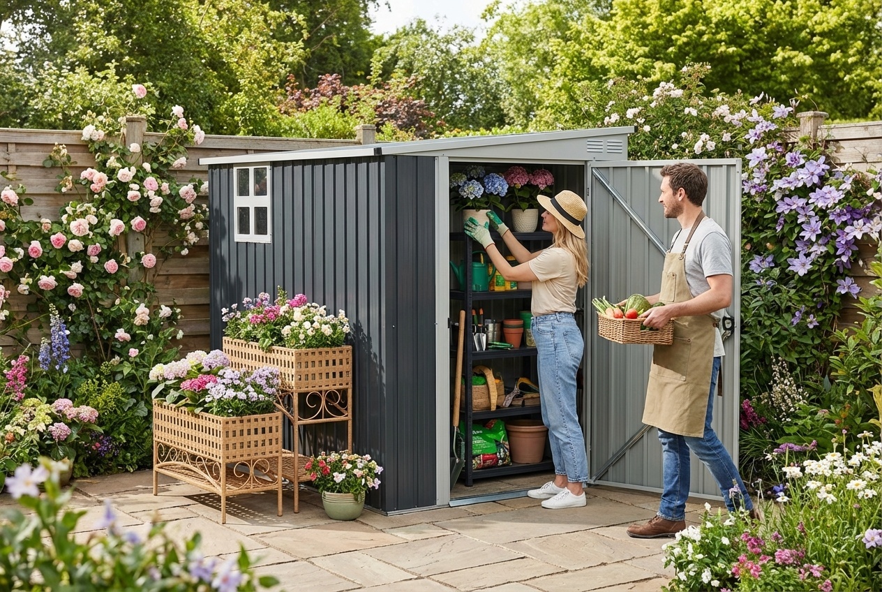 7.6x4ft Weather-Resistant Metal Garden Storage Shed with Window & Lock - Dark Grey | Wowcher