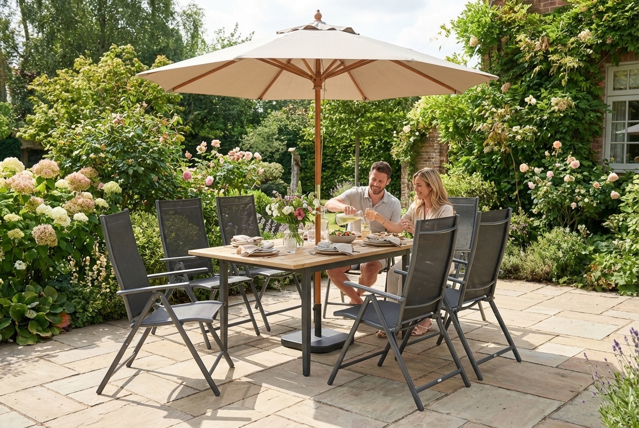 6-Seater Outdoor Dining Table with Parasol Hole - Brown Steel, Weather-Resistant, Modern Patio Furniture | Wowcher