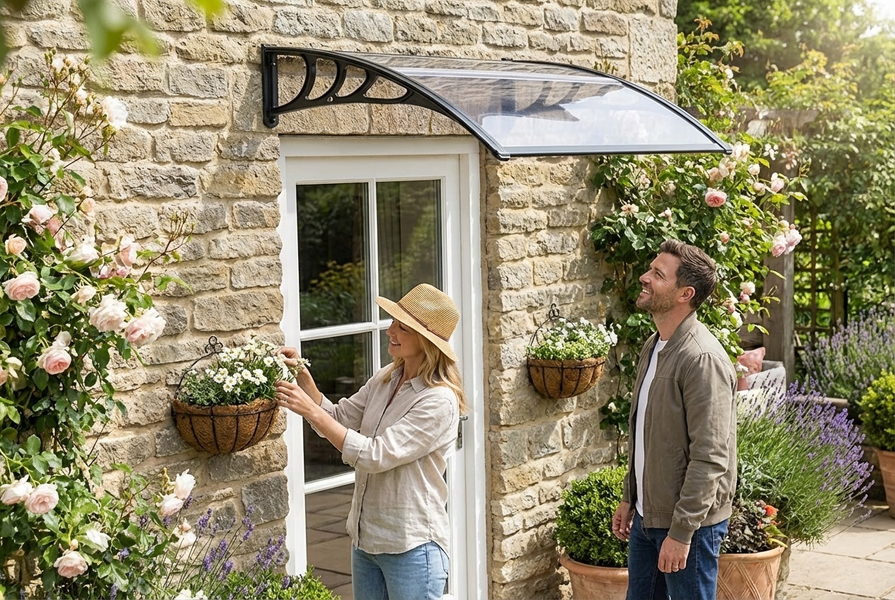 Black Polycarbonate Weather-Resistant Outdoor Door Canopy Awning - Modern Rain Shelter | Wowcher