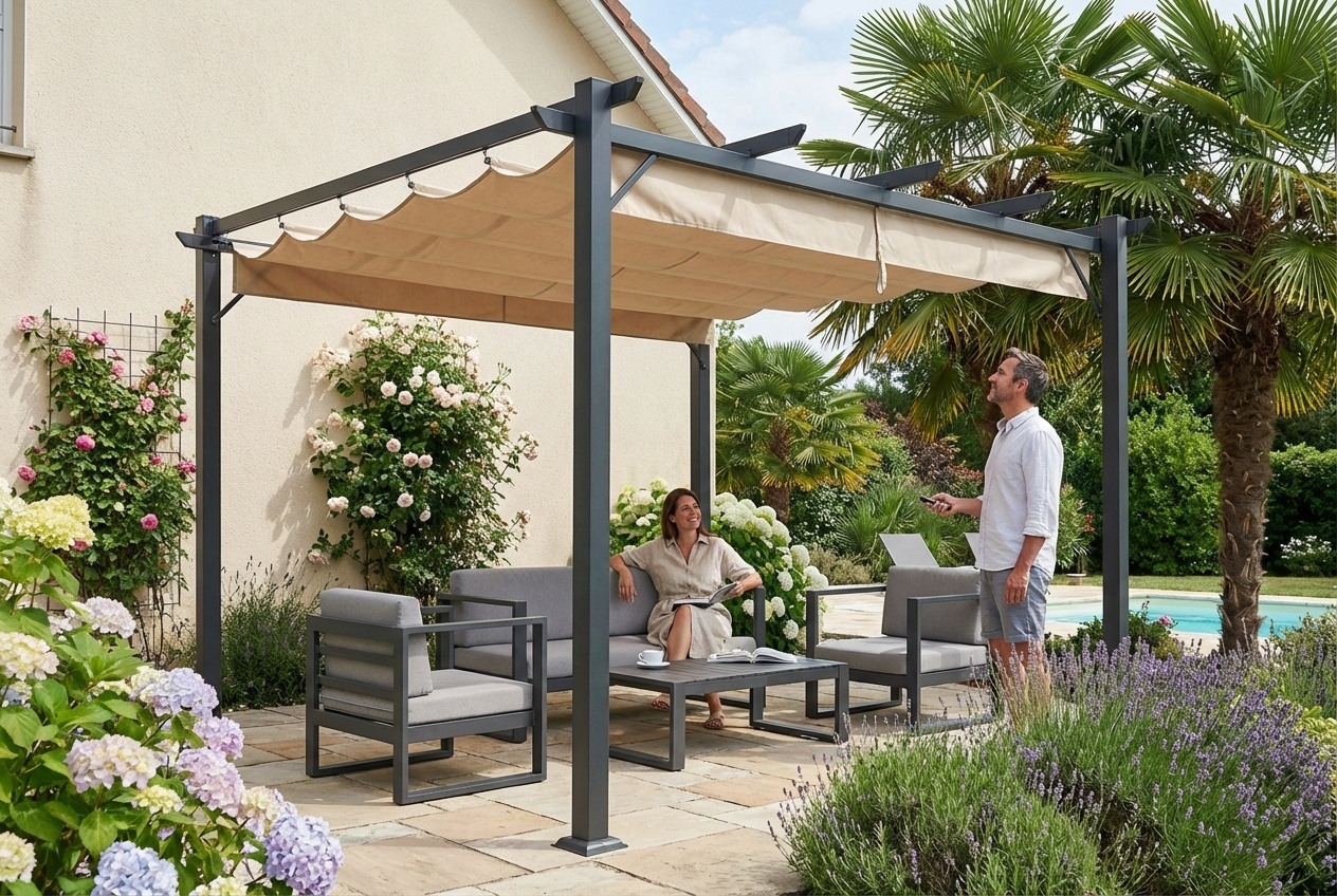 3x3m Weather-Resistant Polyester Pergola Canopy Replacement - Retractable Roof Cover | Wowcher