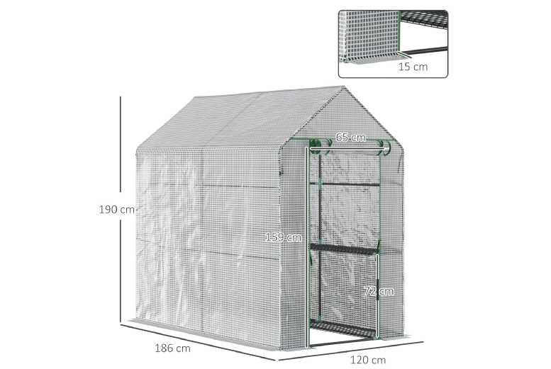 Walk-in Greenhouse with Shelves - Steel Frame, Weatherproof PE Cover, 4-Tier Storage - 186×120×190cm - White | Wowcher