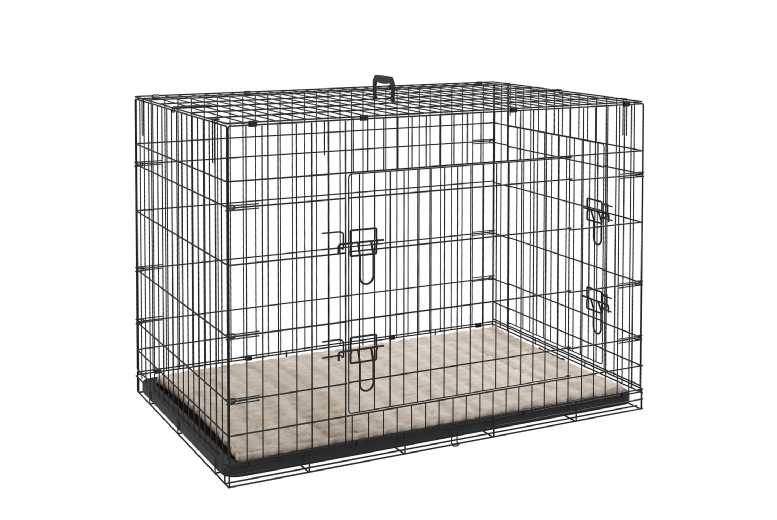 Heavy-Duty Foldable Metal Dog Crate - Double Door, Removable Tray & Cushion - Large Breed Safe, Portable Black Cage | Wowcher
