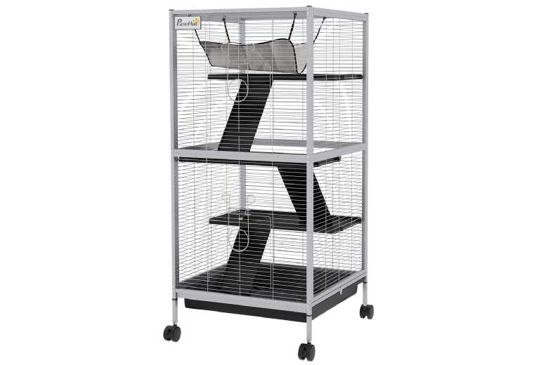Small Animal Cage Play House with Wheels - Multi-Level Ferret, Chinchilla & Hamster Enclosure, Easy Clean, Portable, Light Grey | Wowcher