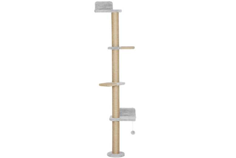 Wall Cat Tree Shelves - 4 Multi-Level Sisal Platforms, Dangling Toy, Space-Saving, 180cm, Grey | Wowcher
