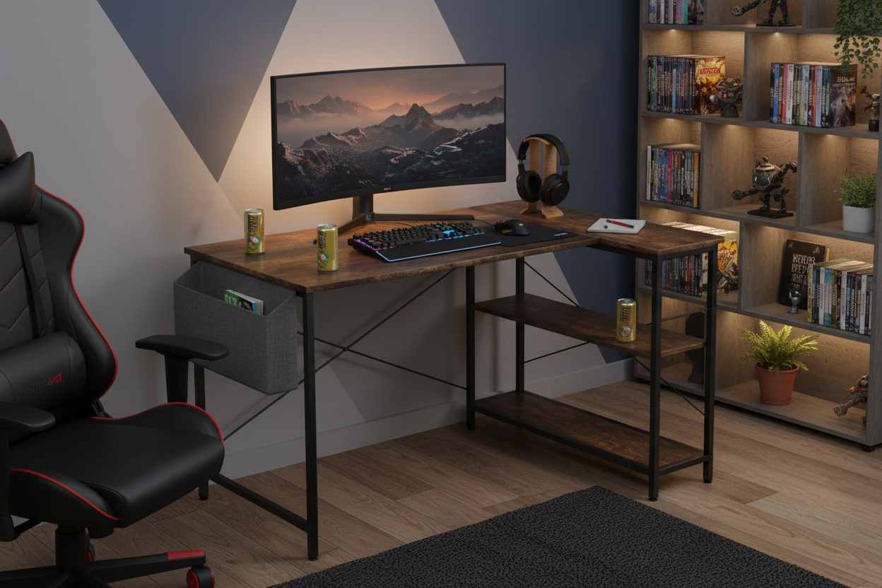 Levede L-Shaped Industrial Bedroom Desk - MDF & Steel, 3-Tier Storage, Space-Saving | Wowcher