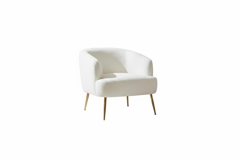 Cloud-Soft White Teddy Fabric Armchair with Gold Metal Legs, Modern Style | Wowcher