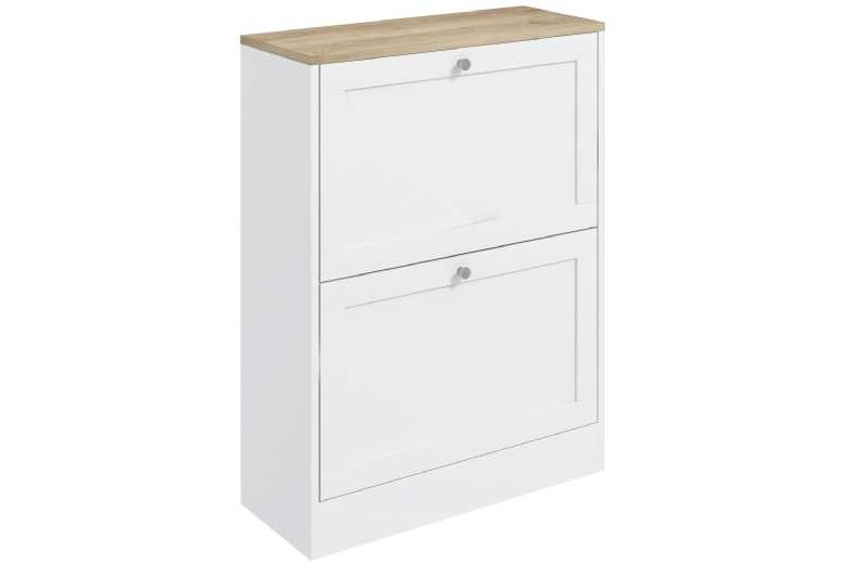 Slim Shoe Cabinet Storage - 2 Flip Drawers, Adjustable Shelves, Wood Effect - White Minimalist Hallway Organiser | Wowcher