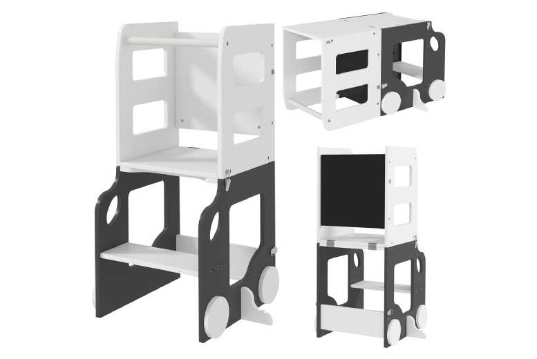 4-in-1 Foldable Toddler Step Stool with Safety Rail - Grey MDF & Pine, Kids Desk & Chalkboard | Wowcher